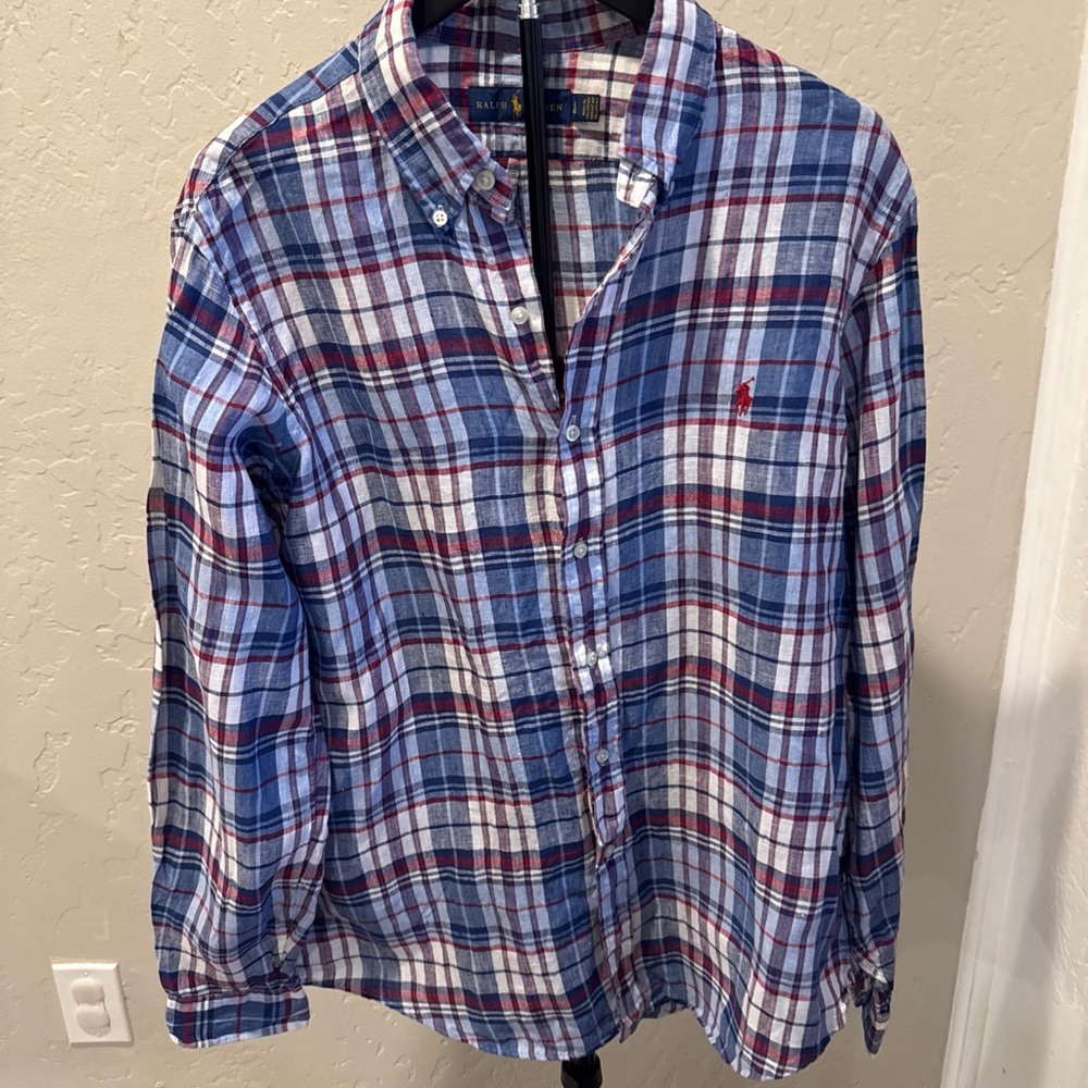Ralph Lauren Blue, White & Red Plaid Button-Down Shirt 100% Linen